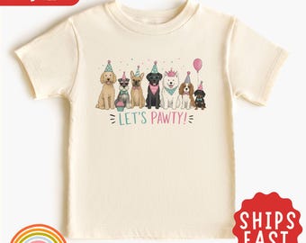 Camiseta de cumpleaños para perros "Let's Pawty", camiseta divertida para niños pequeños con temática de cachorros, camiseta de cumpleaños para niños amantes de los perros, camiseta linda para fiestas de perros.