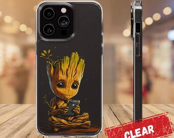 Groot: iPhone 14, 13, 12, 11 | Samsung S22, S21 Klare, klare Hülle mit erhöhtem Rand – Guardians of the Galaxy Baby Groot Handyhülle, Groot Hülle