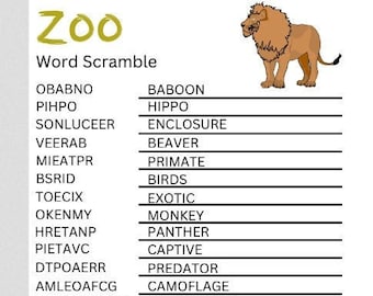 Zoo Word Scrambles and Word Searches, Printable Activities and Games