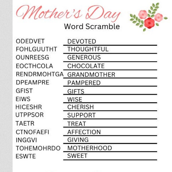 Mother's Day Word Scrambles and Word Searches, Printable Activities and Games