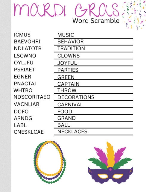 Mardi Gras Word Scrambles and Word Searches, Printable Activities and