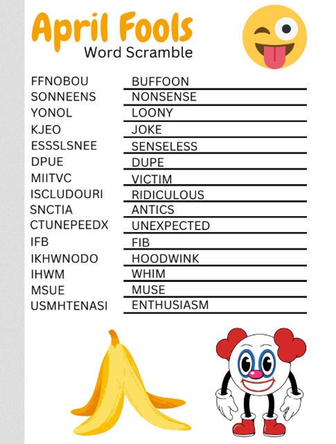 April Fools Day Word Scrambles and Word Searches, Printable Activities ...