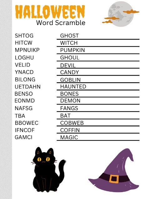 Halloween Word Scrambles and Word Searches, Printable Activities and Games
