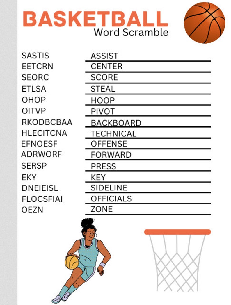 Basketball Word Scrambles and Word Searches, Printable Activities and