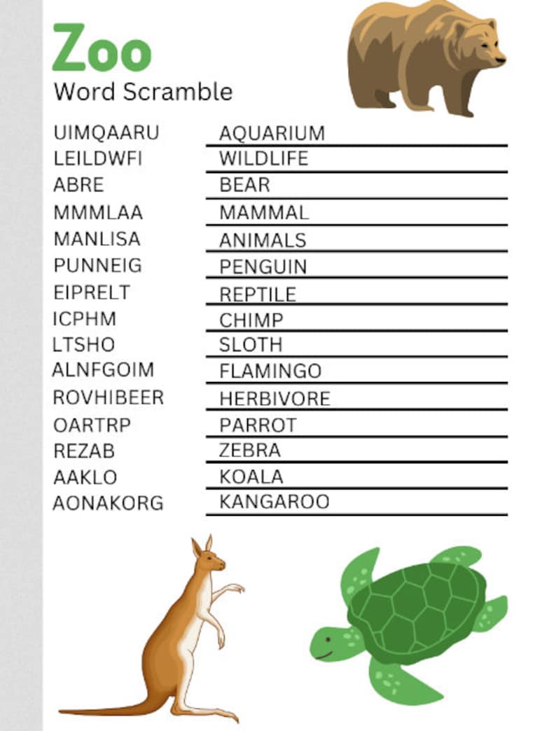 Zoo Word Scrambles and Word Searches, Printable Activities and Games - Etsy