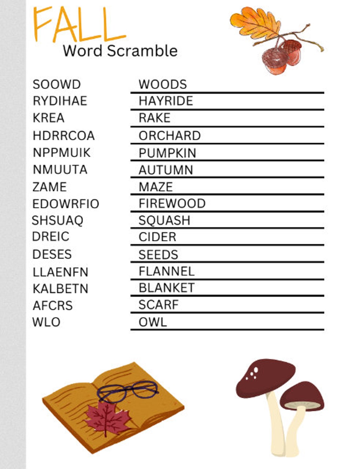 Fall Word Scrambles and Word Searches, Printable Activities and Games