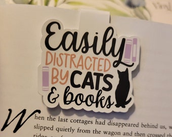 Easily Distracted By Cats & Books Magnetic Bookmark, Gift for readers, Cat and Book lovers, Cat and book bookmark, magnetic bookmark
