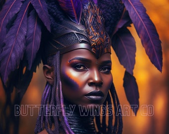 May include: A woman with dark skin and purple braids wears a black and gold headdress with purple feathers. The headdress has a geometric design and is adorned with feathers. The woman is looking directly at the camera. The background is blurred and out of focus. The text "BUTTERFLY WINGS ART CO" is visible in the image.