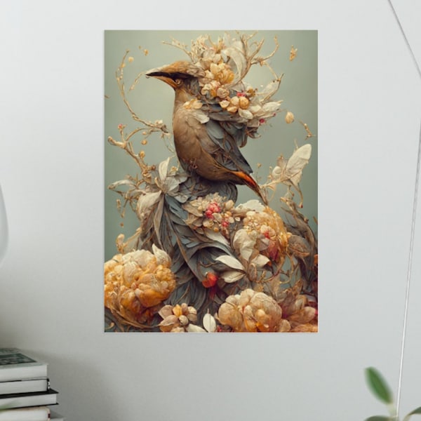 POSTER Le chant du romantisme: l'oiseau sur le bouquet coloré