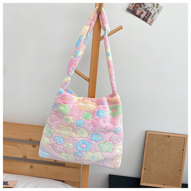 Y2K Tote Bag Cute Floral Tote Aesthetic Tote Bag Spring Totes Fuzzy