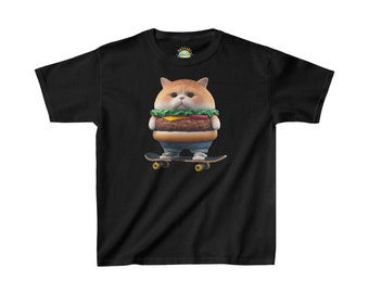 May include: Black t-shirt featuring a whimsical illustration of a cat dressed as a hamburger, complete with lettuce, cheese, and a patty. The cat is riding a skateboard. A small logo is at the top.