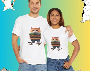 May include: Two people wearing white t-shirts with a graphic of a cat holding a hamburger and riding a skateboard. The cat is wearing a blue shirt and jeans. The people are standing in front of a green and blue background.