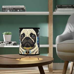 Tripod Lamp with High-Res Pug Mosaic Original Puppy Dog Art Printed Shade, USCA plug