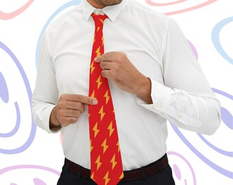 Yellow Bolt Red Background Necktie, Neck Tie, Mens Youth