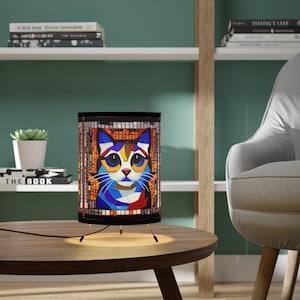Tripod Lamp with High-Res Cat Mosaic Original Art Printed Shade, USCA plug
