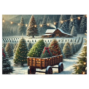 May include: A winter scene depicts a wooden wagon filled with Christmas trees, adorned with red bows and lights. The wagon is in a snowy field, with a barn and evergreen trees in the background. A string of lights hangs overhead.