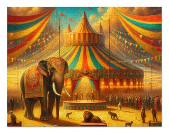 Circus Jigsaw Puzzle, Vibrant Impressionist Scene, Painterly Circus Tent, Warm Colors Fun Puzzle, Dignified Elephant, Regal Lion, Puzzillion