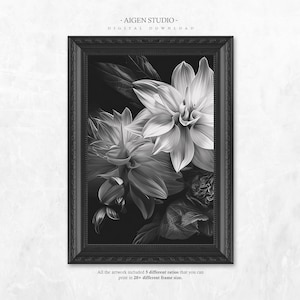 Set of 3 Prints, Black And White Floral Wall Art