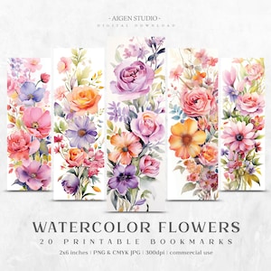 Bookmarks 20 Watercolor Flowers Designs | Printable Bookmarks digital download, Sublimate Cricut Silhouette print and cut