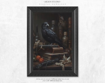 Crow Art, Dark Academia Print, whimsigoth raven gothic digital painting, moody witchy wall art