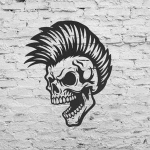 May include: A black and white illustration of a skull with a mohawk hairstyle. The skull has an open mouth and detailed facial features. The image is set against a white brick wall.