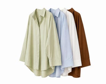 Oversized Cotton Shirt Women Loose Fit Button Down Modest Top Long Sleeve Tunic Minimalist Summer Blouse