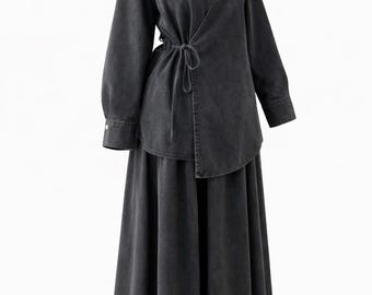 Denim Cotton Maxi Skirt Abaya Set | Modest Muslim Two Piece Outfit | Loose Fit Long Skirt & Tie Shirt | Casual Everyday Modest Wear