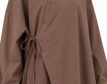 Oversized Cotton Blouse | Modest Wrap Shirt | Asymmetrical Cotton Tunic | Minimalist French Fashion