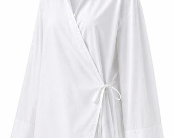 Modest Cotton Blouse Women Summer | Lightweight Loose Fit Long Sleeve Wrap Top | Breathable Minimal Modest Outfit