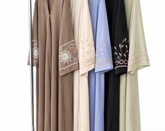 Luxury Eid Abaya with Pearl Embroidery | Elegant Ramadan Modest Dress | Muslim Open Abaya for Women | Eid Outfit