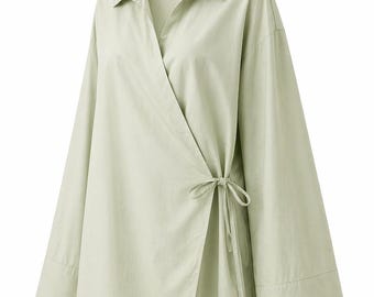 Modest Cotton Blouse Women Summer | Lightweight Loose Fit Long Sleeve Wrap Top | Breathable Minimal Modest Outfit