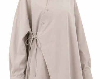 Premium Oversized Cotton Modest Wrap Blouse | Asymmetrical Cotton Shirt | French Style Modest Top | Oversized Button-Up Tunic | Muslim Women