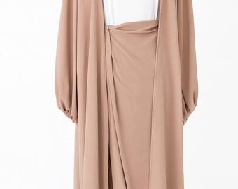 Modest Abaya Set with Wrap Skirt – Elegant Open Abaya & Maxi Skirt | Minimalist Muslim Women Outfit