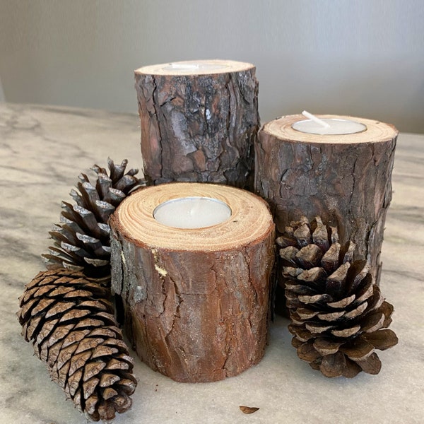 Set of 3 PINE Log Candle Holders, Wedding Center Pieces, Fireplace Mantle, Rustic Home Decor, Farmhouse Decoration, Wood Tree Slice, DIY