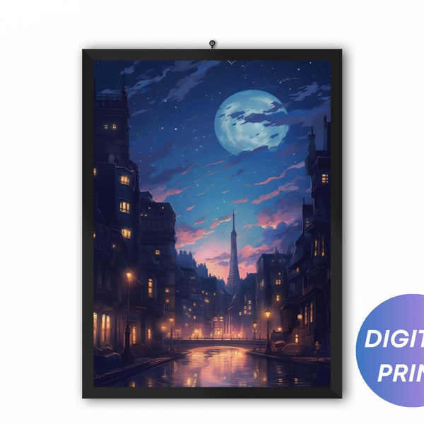 Anime Style Night Time City Printable Poster - Immersive Dreamy Night Life Vast Anime Style City High Definition Download Digital Print
