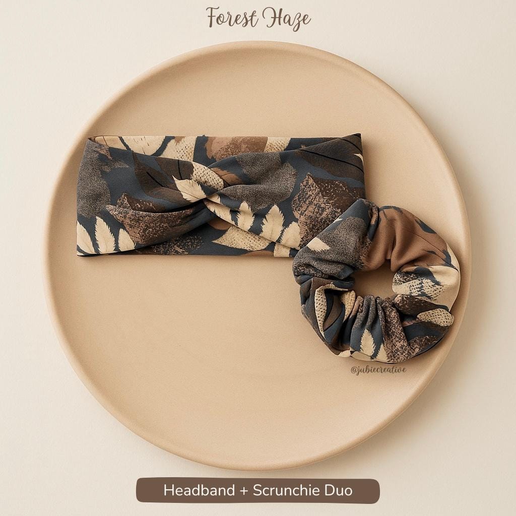 Neutral Beige Logo-Pattern Headband and Scrunchie Set CABANA SCRUNCHIE SET – KNOT Hairbands main image 2