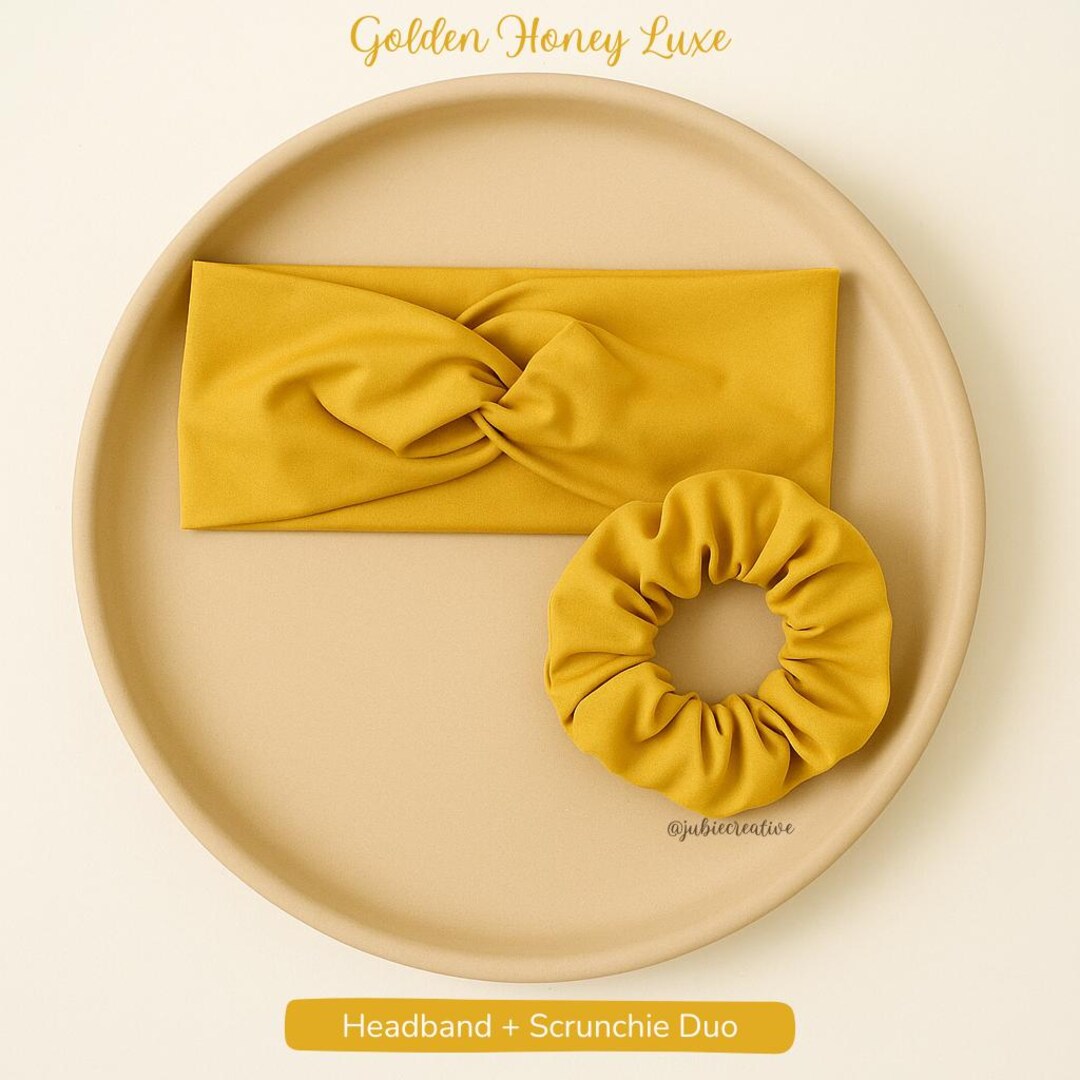 Golden Honey Luxe Headband & Scrunchie Set – Soft Twist  display picture 2