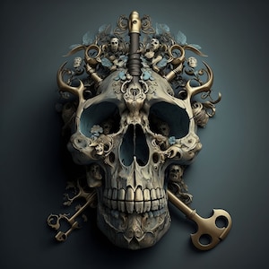 May include: A detailed, ornate skull sculpture with gold accents and intricate floral designs. The skull is surrounded by keys and a dagger, creating a gothic and mysterious aesthetic.