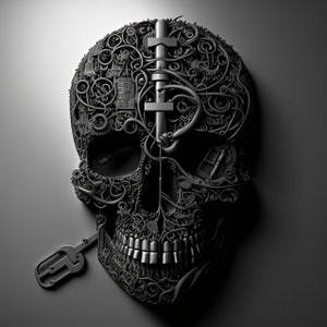 May include: A grayscale, stylized skull sculpture with intricate, swirling metalwork. A key is positioned near the jaw, and a vertical bar with cross-like shapes bisects the skull. The design incorporates gears and other mechanical elements.