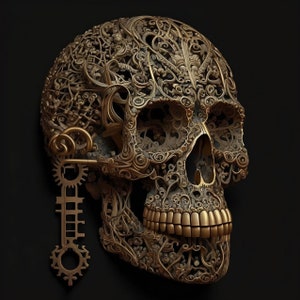 May include: Ornate, golden skull sculpture with intricate filigree details. The skull features a detailed key and gear design on the side, and a full set of golden teeth. The background is a solid black.