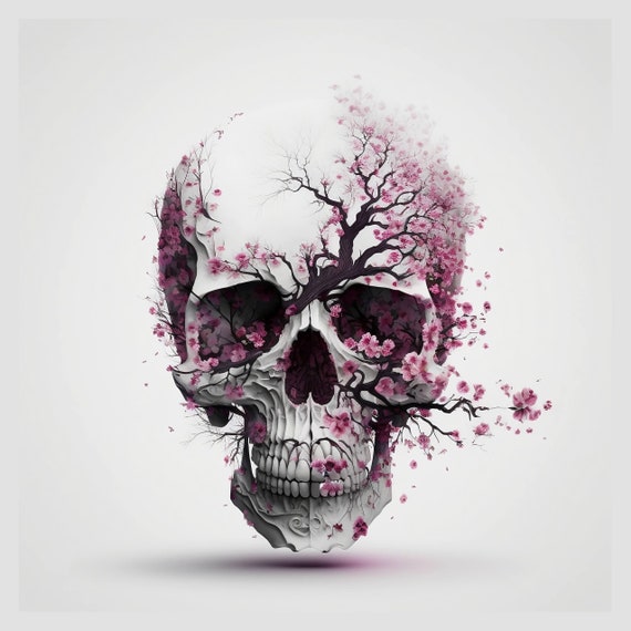 Skulls & Cherry Blossoms Art Print 1 - Floral Art - Instant