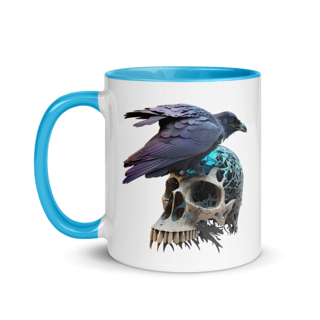 Skull & Raven Coffee Mug With Color Accents Bird Art Skull Mug Poe Art Morning Java Mug Ceramic