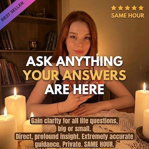 May include: A person with red hair holds a deck of tarot cards behind a table with four lit white pillar candles. Text reads: ASK ANYTHING YOUR ANSWERS ARE HERE, Gain clarity for all life questions, big or small. Direct, profound insight. SAME HOUR.