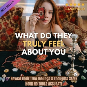 May include: A woman holding a tarot card in front of her face, with a deck of cards and crystals on a black surface. Text reads "WHAT DO THEY TRULY FEEL ABOUT YOU" and "Reveal Their True feelings & Thoughts SAME HOUR NO TOOLS ACCURATE".