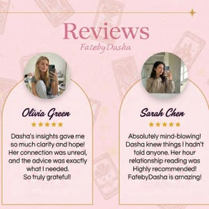 May include: A pink graphic with the word "Reviews" and the text "FatebyDasha". The image displays two customer reviews with photos, names, and star ratings. The reviews are positive and mention clarity, hope, and amazing readings.
