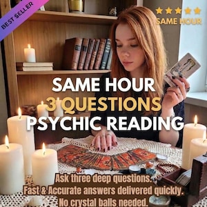 May include: A psychic reading service advertisement featuring a person holding a tarot card with a deck spread on a lace-covered table surrounded by white pillar candles. Text reads: SAME HOUR 3 QUESTIONS PSYCHIC READING. Ask three deep questions.