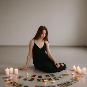 May include: A person in a black dress sits on the floor surrounded by tarot cards and lit candles. The cards are arranged in a semi-circle, with several white candles placed around the perimeter. The scene evokes a mystical or spiritual theme.