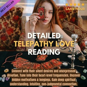 May include: An image promoting a detailed telepathy love reading. The image features a woman holding a tarot card, with text overlayed that reads "Detailed Telepathy Love Reading." Additional text describes the reading's benefits.