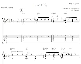 Lush Life / Melodía con acordes para guitarra de 7 cuerdas, PDF y tablaturas