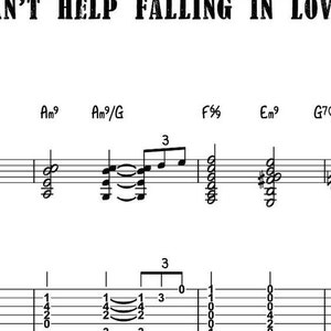 May include: A sheet music page with the title "CAN'T HELP FALLING IN LOVE" and musical notation for a song. The chords are labeled: Em9, Am9, Am9/G, F, Em9, G7(SUS4).